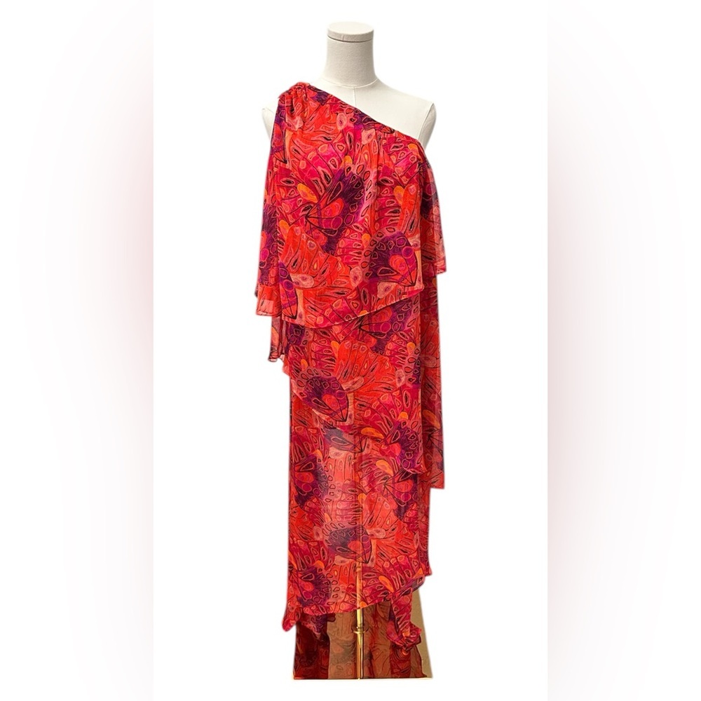 NWT MISA One-Shoulder Single Flutter Sleeve Dress Red Orange Women’s Size Small - Picture 3 of 12
